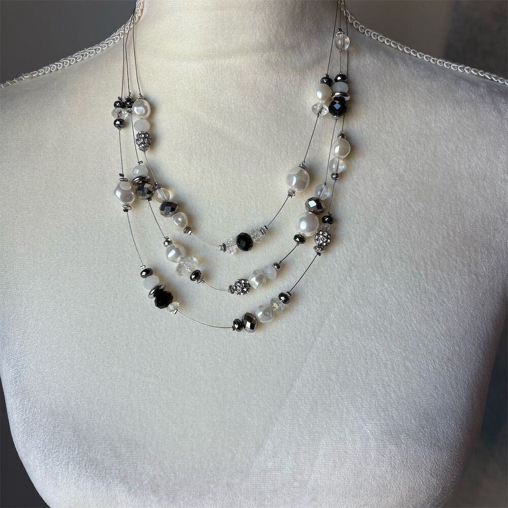 Chico’s Layered Black & Silver Beaded Necklace with Crystals & Pearls